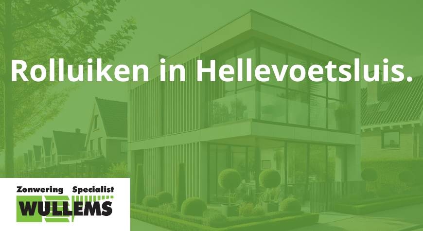 Hier is de afbeelding van een modern huis in Hellevoetsluis met stijlvolle rolluiken. Het huis bevindt zich in een schilderachtige buurt met goed onderhouden tuinen en geplaveide straten. Het weer is zonnig met een heldere blauwe lucht, wat de schoonheid van het huis en de omgeving benadrukt.